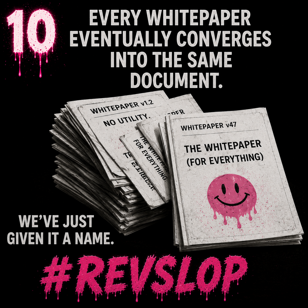 Poster showing a stack of nearly identical whitepapers with REVSLOP branding