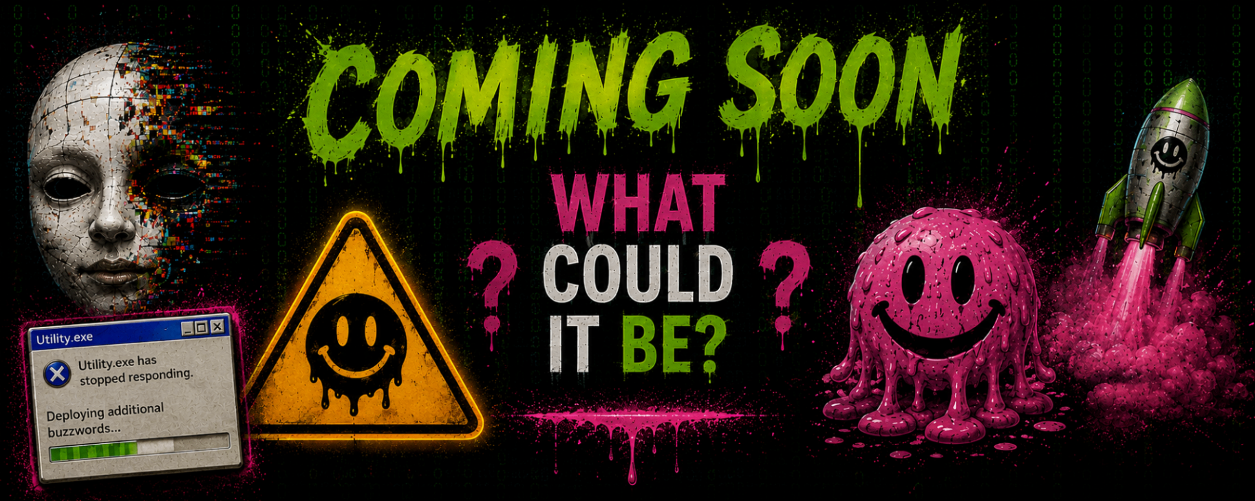 Wide REVSLOP coming soon transmission poster with hazard sign, smiley creature, and pink rocket launch